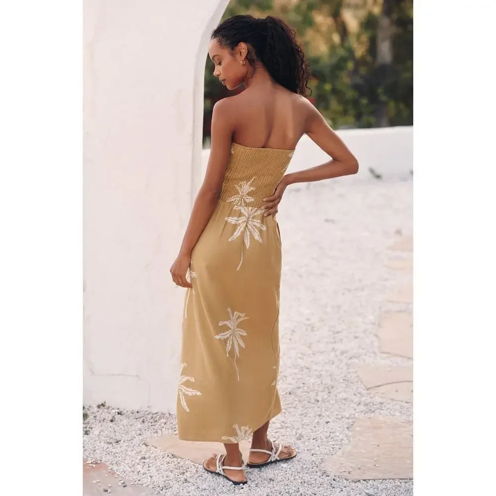 Anthropologie Celandine Linen Blend Strapless Drop-Waist Midi Dress Size XL